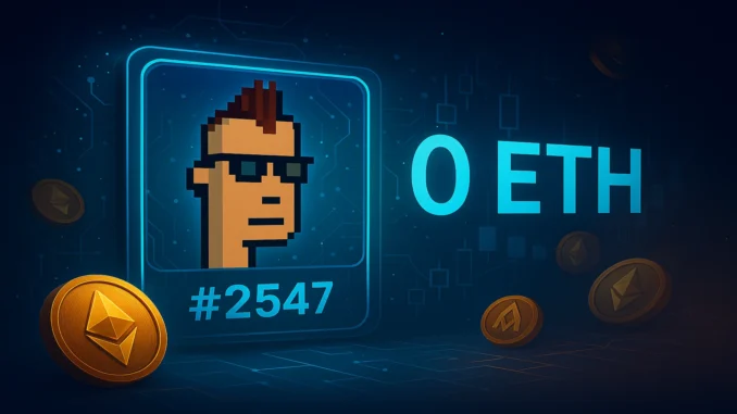 cryptopunk_zeroeth_sale Digital illustration showing a CryptoPunk NFT surrounded by Ethereum coins and transaction graphics representing a zero-value sale