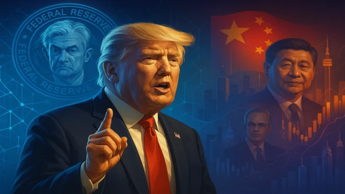Digital illustration of Donald Trump speaking about the Federal Reserve and U.S.-China relations amid market discussions