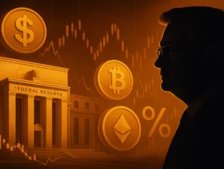 Digital illustration showing the Federal Reserve building with monetary symbols and fluctuating market charts