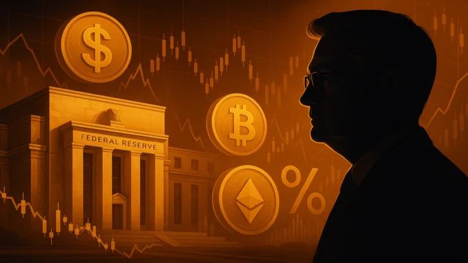 Digital illustration showing the Federal Reserve building with monetary symbols and fluctuating market charts
