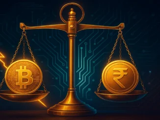 Digital illustration of glowing cryptocurrency coins forming a legal balance scale, symbolizing recognition of crypto as property under Indian law.