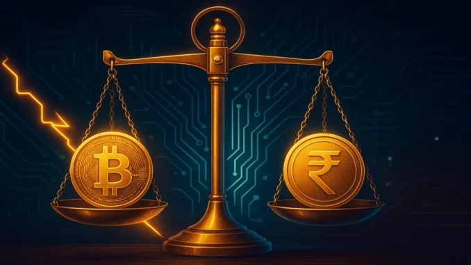 india_crypto_property_law_1920x1080 Digital illustration of glowing cryptocurrency coins forming a legal balance scale, symbolizing recognition of crypto as property under Indian law.