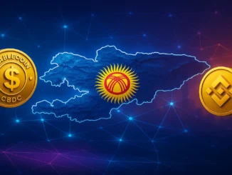 Futuristic digital illustration of Kyrgyzstan’s map connected to the BNB Chain network with glowing stablecoin symbols and blockchain nodes.
