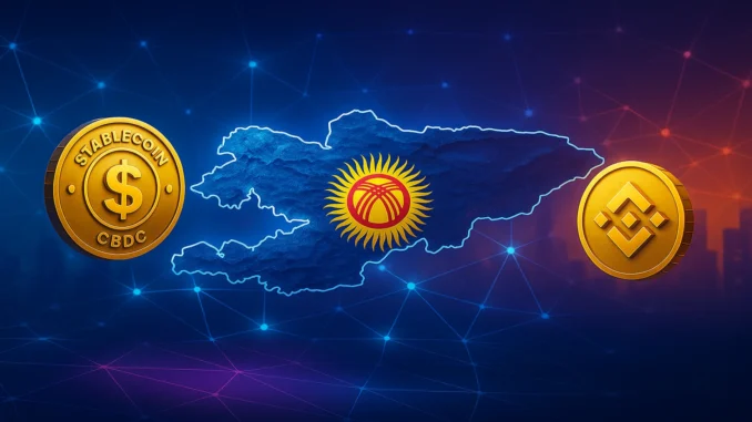 kyrgyzstan_bnb_cbdc_1920x1080 Futuristic digital illustration of Kyrgyzstan’s map connected to the BNB Chain network with glowing stablecoin symbols and blockchain nodes.