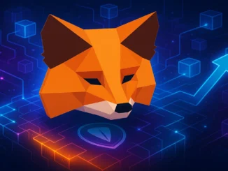 Futuristic digital illustration of the Metamask fox emerging from glowing blockchain networks, symbolizing upcoming airdrop rumors and token speculation.