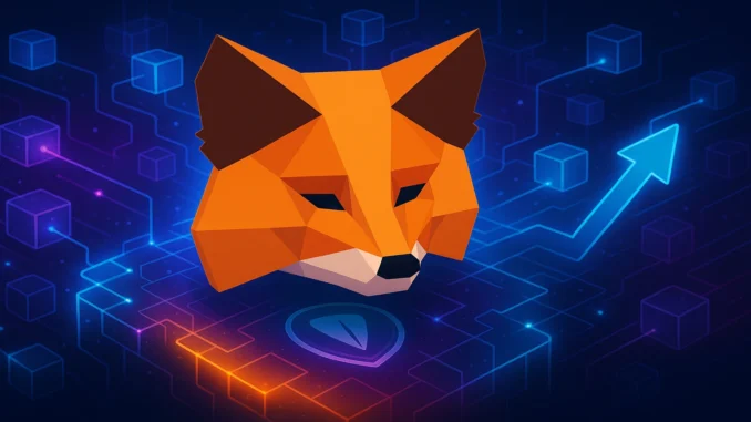 metamask_airdrop_1920x1080 Futuristic digital illustration of the Metamask fox emerging from glowing blockchain networks, symbolizing upcoming airdrop rumors and token speculation.
