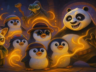 A colorful digital illustration of Pudgy Penguins characters entering the world of Kung Fu Panda, featuring Po, Shifu, and mystical kung fu elements.