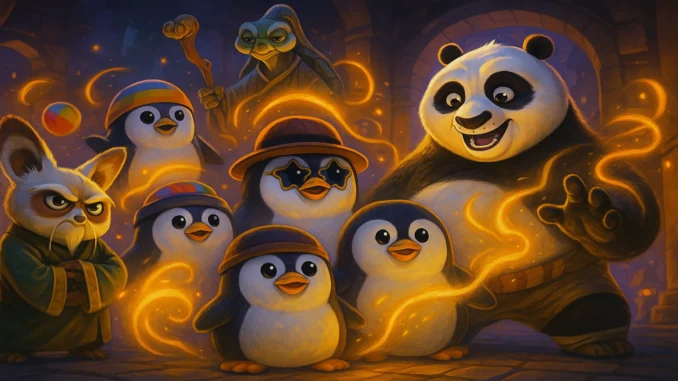 pudgy_penguins_kungfu_collab A colorful digital illustration of Pudgy Penguins characters entering the world of Kung Fu Panda, featuring Po, Shifu, and mystical kung fu elements.