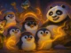 A colorful digital illustration of Pudgy Penguins characters entering the world of Kung Fu Panda, featuring Po, Shifu, and mystical kung fu elements.