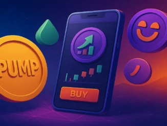 Illustration of floating tokens and a mobile treminal interface representing Pump.fun acquiring Padre App to expand its crypto launch and trading features.