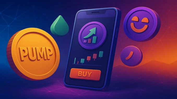 pump_fun_padre_acquisition_1920x1080 Illustration of floating tokens and a mobile treminal interface representing Pump.fun acquiring Padre App to expand its crypto launch and trading features.
