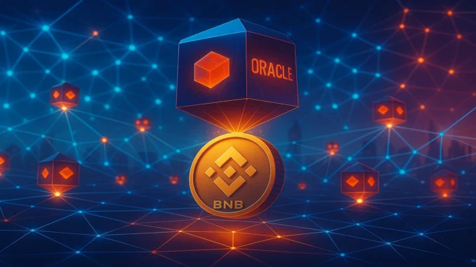 redstone_bnb_oracle_1920x1080 Futuristic digital illustration of glowing oracle nodes connected to the BNB Chain network, securing billions in DeFi value across blockchain protocols.