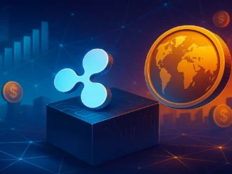 Futuristic digital illustration of Ripple’s logo merging with global financial networks, symbolizing the creation of Ripple Prime after the Hidden Road acquisition.