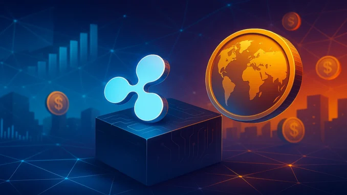 ripple_prime_acquisition_1920x1080 Futuristic digital illustration of Ripple’s logo merging with global financial networks, symbolizing the creation of Ripple Prime after the Hidden Road acquisition.