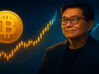 Digital illustration showing Robert Kiyosaki with a glowing Bitcoin chart symbolizing rapid market growth