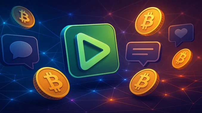 rumble_crypto_tipping_1920x1080 Futuristic digital illustration of streaming platform icons surrounded by glowing Bitcoin and crypto coins, symbolizing Rumble’s new crypto tipping feature.