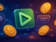 Futuristic digital illustration of streaming platform icons surrounded by glowing Bitcoin and crypto coins, symbolizing Rumble’s new crypto tipping feature.