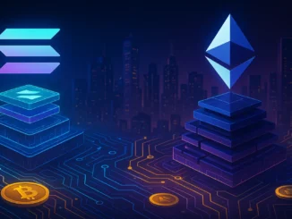 Futuristic digital illustration showing Solana and Ethereum networks contrasted, with layered blockchain structures symbolizing L2 scalability and security debate.