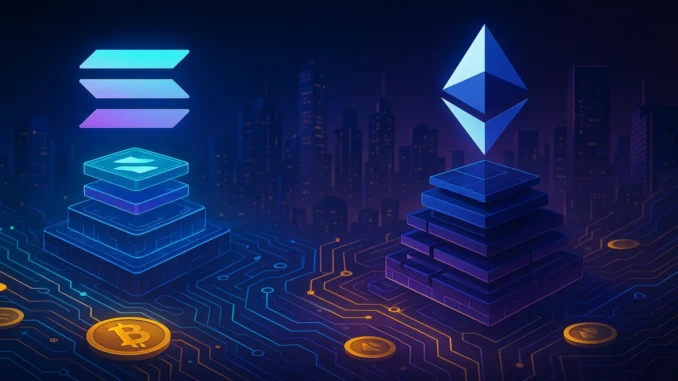 solana_vs_ethereum_security_1920x1080 Futuristic digital illustration showing Solana and Ethereum networks contrasted, with layered blockchain structures symbolizing L2 scalability and security debate.