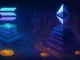 Futuristic digital illustration showing Solana and Ethereum networks contrasted, with layered blockchain structures symbolizing L2 scalability and security debate.