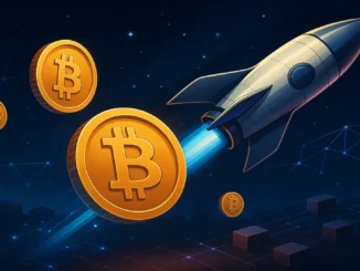 Futuristic digital illustration of a rocket-shaped Bitcoin network sending coins into dark blockchain space, symbolizing SpaceX Bitcoin transfers.