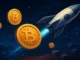 Futuristic digital illustration of a rocket-shaped Bitcoin network sending coins into dark blockchain space, symbolizing SpaceX Bitcoin transfers.