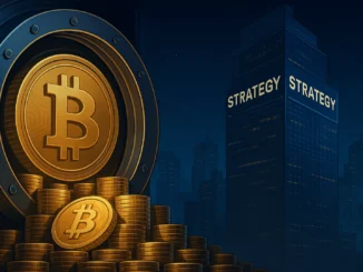 Futuristic digital illustration of a large Bitcoin vault door opening with stacks of Bitcoin coins inside, symbolizing Strategy Inc.’s growing corporate treasury of BTC.