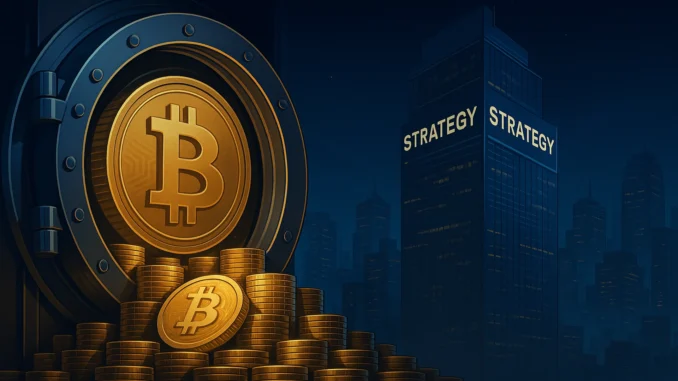 strategy_bitcoin_treasury Futuristic digital illustration of a large Bitcoin vault door opening with stacks of Bitcoin coins inside, symbolizing Strategy Inc.’s growing corporate treasury of BTC.