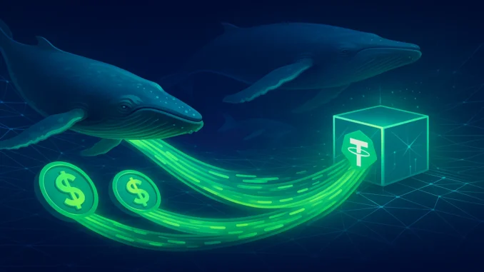tether_stable_insiders_1920x1080 Futuristic digital illustration of blockchain whales and glowing dollar flows moving toward a new crypto network, symbolizing early insider activity in Tether’s Stable L1 launch.