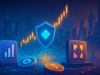 Stylised illustration of digital exchange platforms, blockchain volume charts and security shield, representing crypto exchanges Q3 2025 performance.