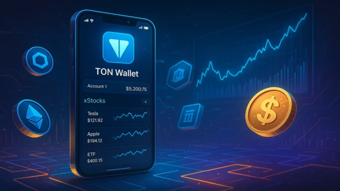 ton_wallet_tokenized_stocks A futuristic digital illustration of Telegram’s TON Wallet interface with holographic U.S. stock charts and tokenized assets floating in a digital space.