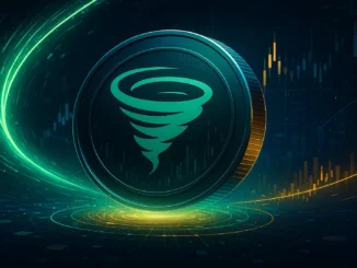 Futuristic digital illustration showing Tornado Cash’s $TORN token surrounded by swirling blockchain data streams, symbolizing renewed investor confidence.