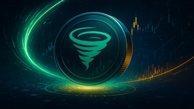tornado_cash_inflow Futuristic digital illustration showing Tornado Cash’s $TORN token surrounded by swirling blockchain data streams, symbolizing renewed investor confidence.