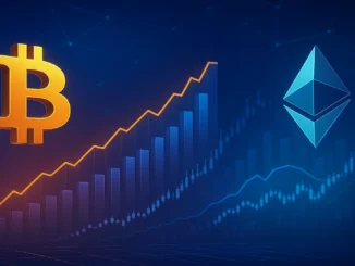 Futuristic digital illustration showing Bitcoin and Ethereum symbols rising on trading charts, symbolizing massive leveraged long positions by trader 0xc2a3.