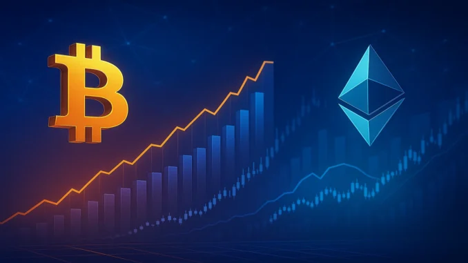 trader_0xc2a3_bitcoin_ethereum_long_1920x1080 Futuristic digital illustration showing Bitcoin and Ethereum symbols rising on trading charts, symbolizing massive leveraged long positions by trader 0xc2a3.