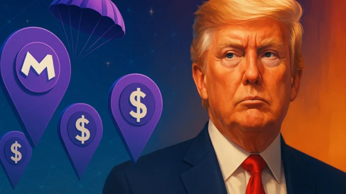 trump_meteora_airdrop Digital illustration showing glowing Bitcoin and Solana-style coins with liquidity charts and blockchain network visuals, representing TRUMP team wallets receiving a $4.2 million Meteora ($MET) airdrop sent to OKX.