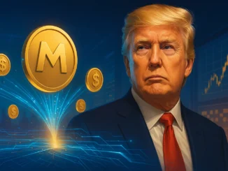 Digital illustration showing glowing Bitcoin and Solana-style coins with liquidity charts and blockchain network visuals, representing TRUMP team wallets receiving a $4.2 million Meteora ($MET) airdrop sent to OKX.