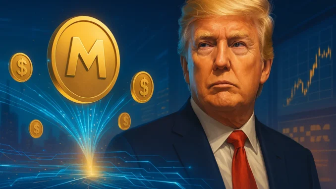 trump_meteora_airdrop_final Digital illustration showing glowing Bitcoin and Solana-style coins with liquidity charts and blockchain network visuals, representing TRUMP team wallets receiving a $4.2 million Meteora ($MET) airdrop sent to OKX.