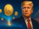Digital illustration showing glowing Bitcoin and Solana-style coins with liquidity charts and blockchain network visuals, representing TRUMP team wallets receiving a $4.2 million Meteora ($MET) airdrop sent to OKX.