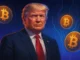 Futuristic digital illustration showing Donald Trump surrounded by Bitcoin symbols and blockchain code, symbolizing the playful theory about Satoshi Nakamoto’s identity.