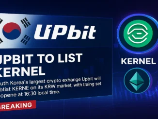 Futuristic digital illustration showing the Upbit logo connected with KernelDAO’s blockchain network, symbolizing KERNEL’s listing on the KRW market.