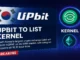 Futuristic digital illustration showing the Upbit logo connected with KernelDAO’s blockchain network, symbolizing KERNEL’s listing on the KRW market.
