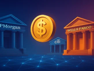 Illustration of major U.S. banks using blockchain networks and digital stablecoins to enable cross-border transactions.