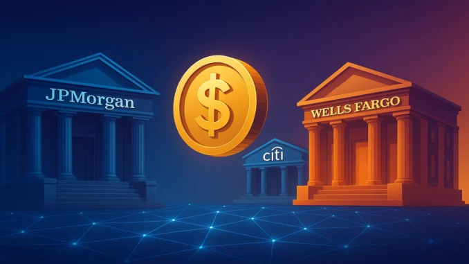 us_banks_stablecoin_transfers_1920x1080 Illustration of major U.S. banks using blockchain networks and digital stablecoins to enable cross-border transactions.