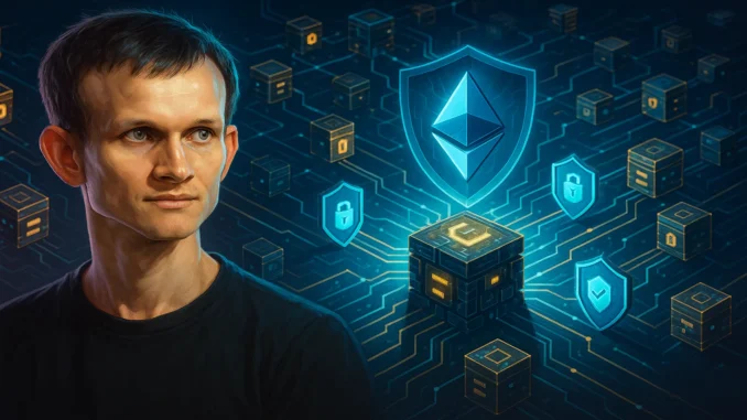 vitalik_buterin_validator_risks_1920x1080 Futuristic digital illustration of blockchain validators and Ethereum nodes with security shields, symbolizing network protection and off-chain vulnerabilities.