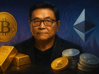 Futuristic digital illustration of Robert Kiyosaki with Bitcoin, Ethereum, gold, and silver symbols representing new financial thinking and wealth creation.