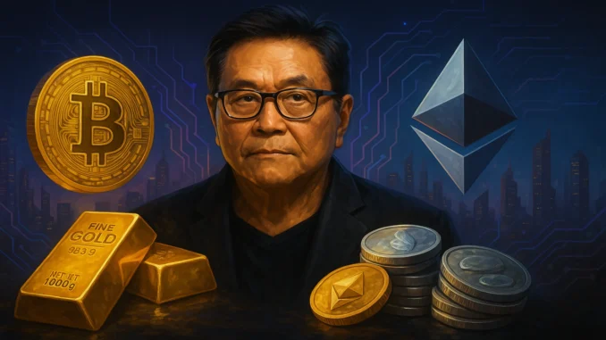 wealth_gap_kiyosaki Futuristic digital illustration of Robert Kiyosaki with Bitcoin, Ethereum, gold, and silver symbols representing new financial thinking and wealth creation.
