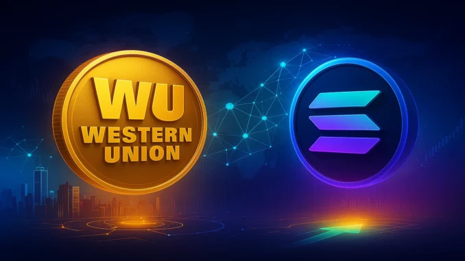 western_union_solana A futuristic digital illustration of Western Union’s logo merging with Solana’s blockchain network, symbolizing global payments innovation