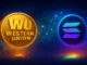 A futuristic digital illustration of Western Union’s logo merging with Solana’s blockchain network, symbolizing global payments innovation