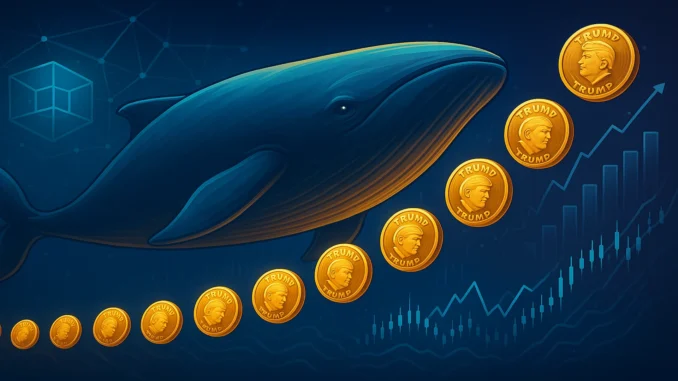 whale_trump_tokens Whale “65AXrL” Accumulates TRUMP Tokens Alt text: Digital illustration of a crypto whale accumulating TRUMP tokens with glowing blockchain visuals